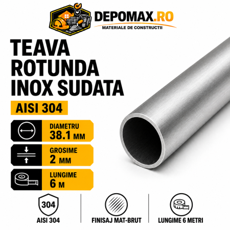 Teava rotunda inox sudata AISI 304, 38.1 x 2 mm, 6 metri